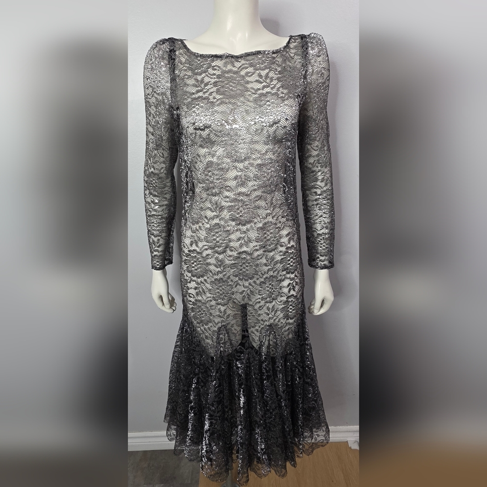 Vintage Black And Silver Sheer Lace Dress